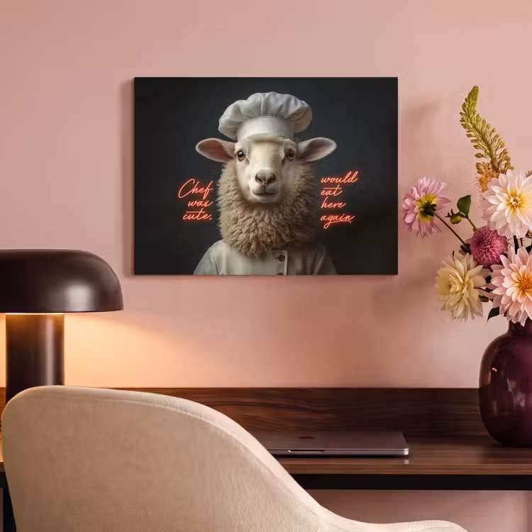 Akoestisch schilderij - Schaap - Kokskleding - Neon - Quote — 4