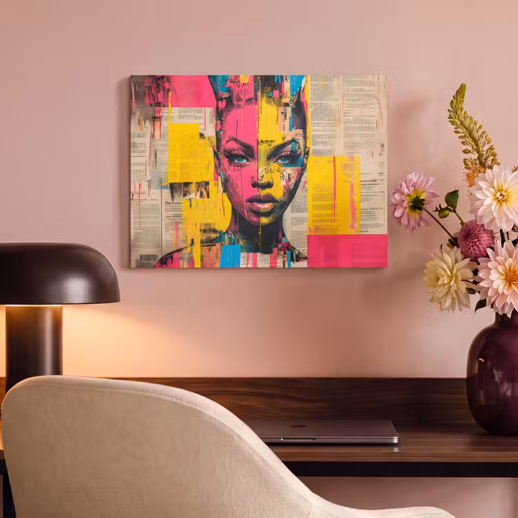 Akoestisch schilderij - Vrouwengezicht - Krantenpapier - Abstract - Roze — 4
