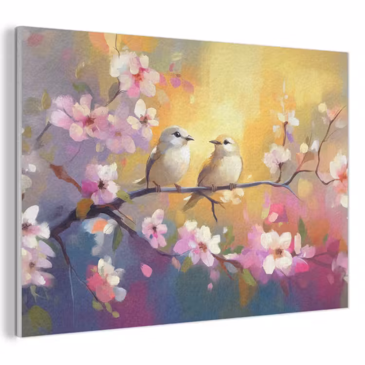 Akoestisch schilderij - Vogels - Bloemen - Roze — 1