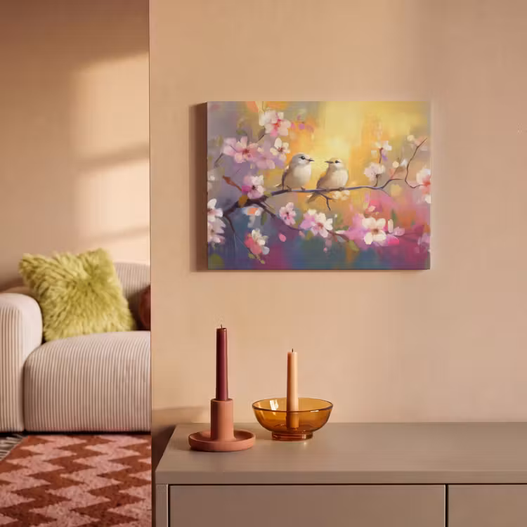 Akoestisch schilderij - Vogels - Bloemen - Roze — 2