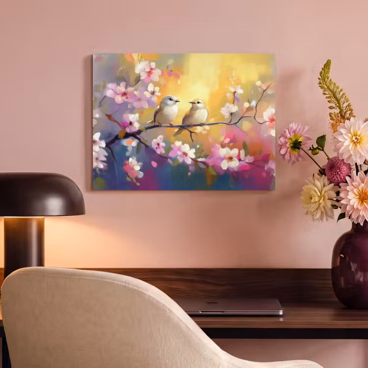 Akoestisch schilderij - Vogels - Bloemen - Roze — 4