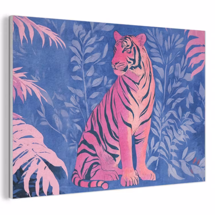 Akoestisch schilderij - Tijger - Roze - Bladeren - Jungle — 1