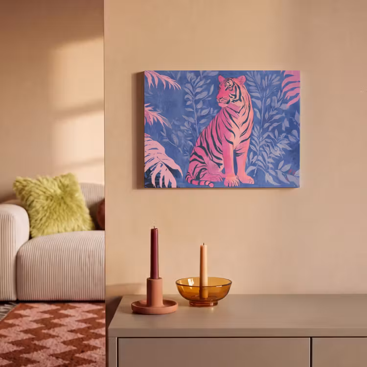 Akoestisch schilderij - Tijger - Roze - Bladeren - Jungle — 2