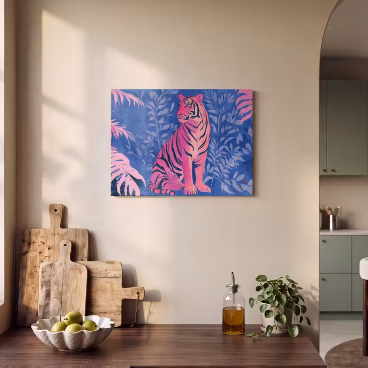 Akoestisch schilderij - Tijger - Roze - Bladeren - Jungle — 3
