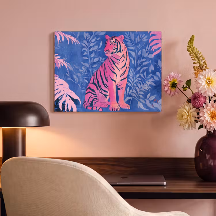 Akoestisch schilderij - Tijger - Roze - Bladeren - Jungle — 4