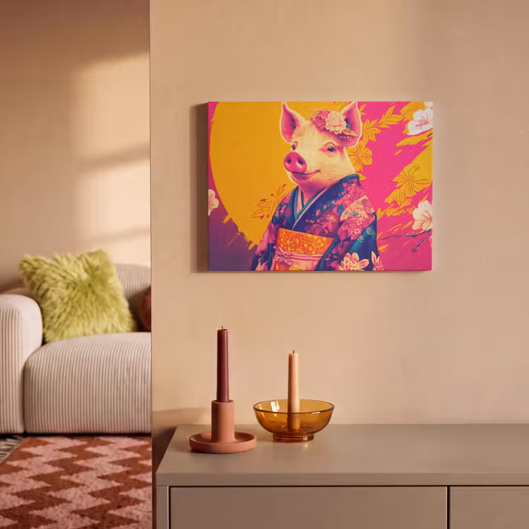 Akoestisch schilderij - Varken - Bloemkroon - Kimono - Abstract — 2
