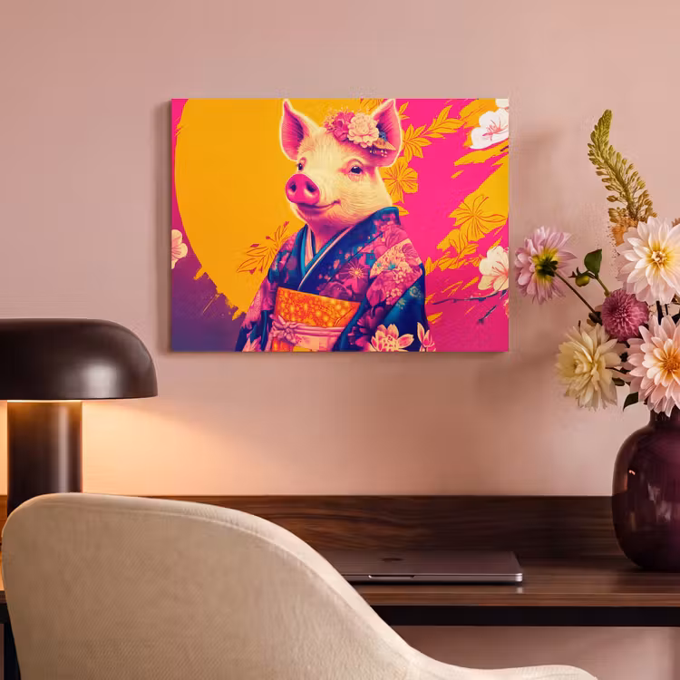 Akoestisch schilderij - Varken - Bloemkroon - Kimono - Abstract — 4