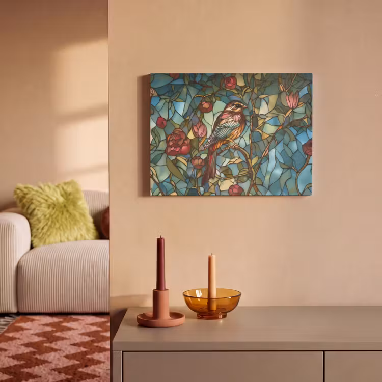 Akoestisch schilderij - Vogel - Tak - Rozen - Mozaïek — 2