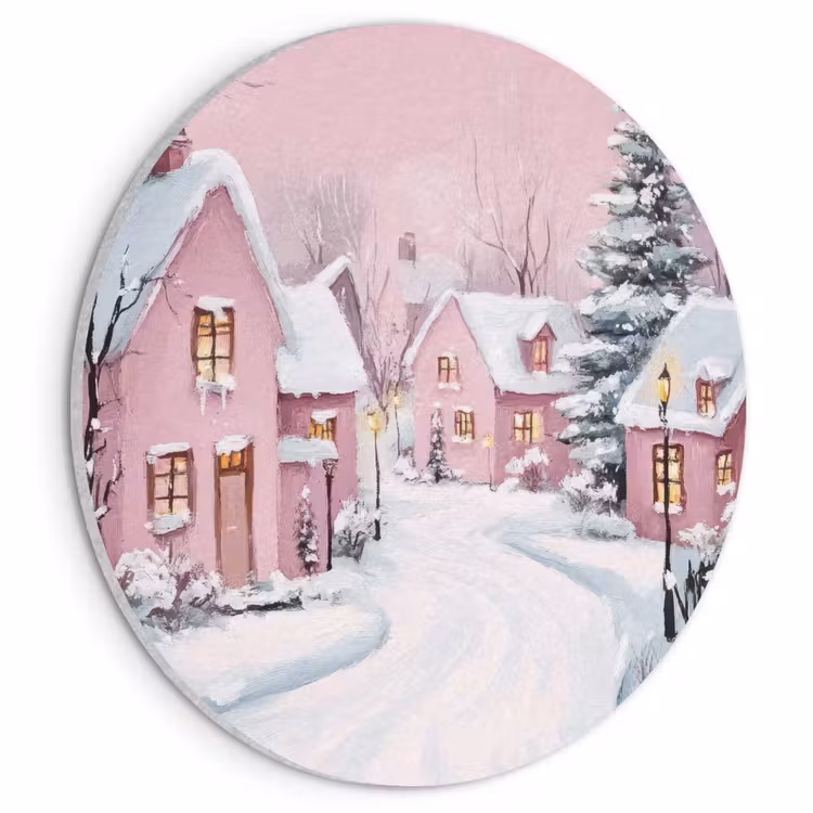 Akoestisch schilderij rond - Kerstdorp - Roze - Winter - Sneeuw - Huizen — 1