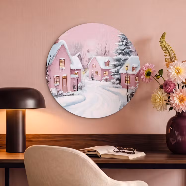 Akoestisch schilderij rond - Kerstdorp - Roze - Winter - Sneeuw - Huizen — 2