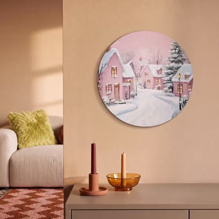 Akoestisch schilderij rond - Kerstdorp - Roze - Winter - Sneeuw - Huizen — 3