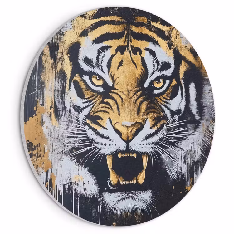 Akoestisch schilderij rond - Tijger - Verfspatten - Goud — 1