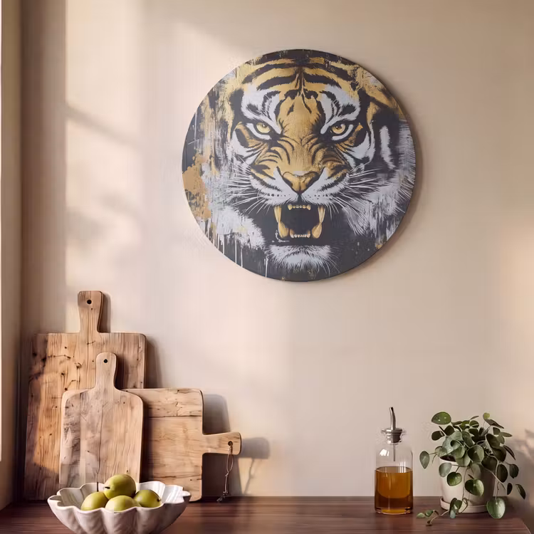 Akoestisch schilderij rond - Tijger - Verfspatten - Goud — 4