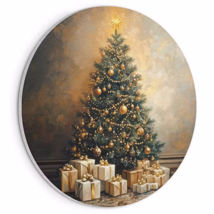 Akoestisch schilderij rond - Kerstboom - Cadeaus - Goud — 1