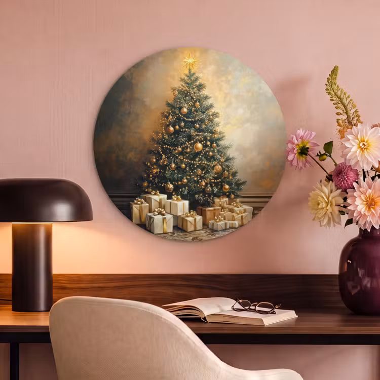 Akoestisch schilderij rond - Kerstboom - Cadeaus - Goud — 2