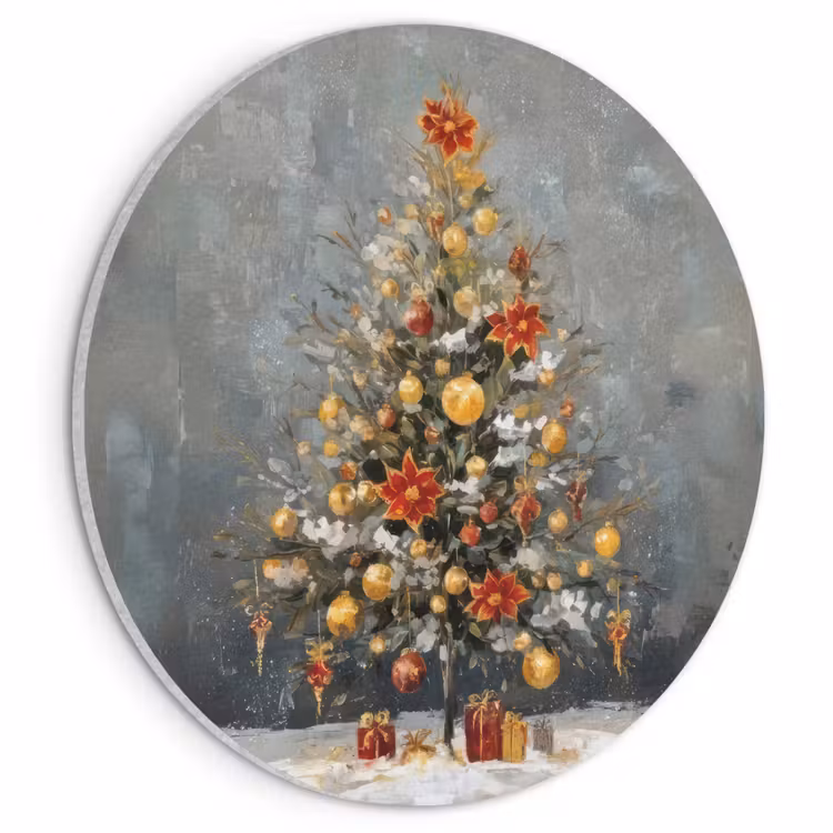 Akoestisch schilderij rond - Kerstboom - Cadeaus - Rood - Goud — 1