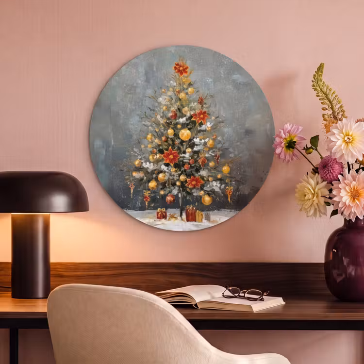 Akoestisch schilderij rond - Kerstboom - Cadeaus - Rood - Goud — 2