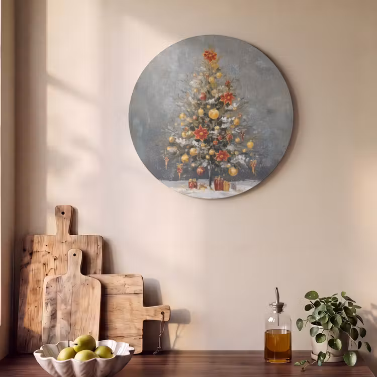 Akoestisch schilderij rond - Kerstboom - Cadeaus - Rood - Goud — 4