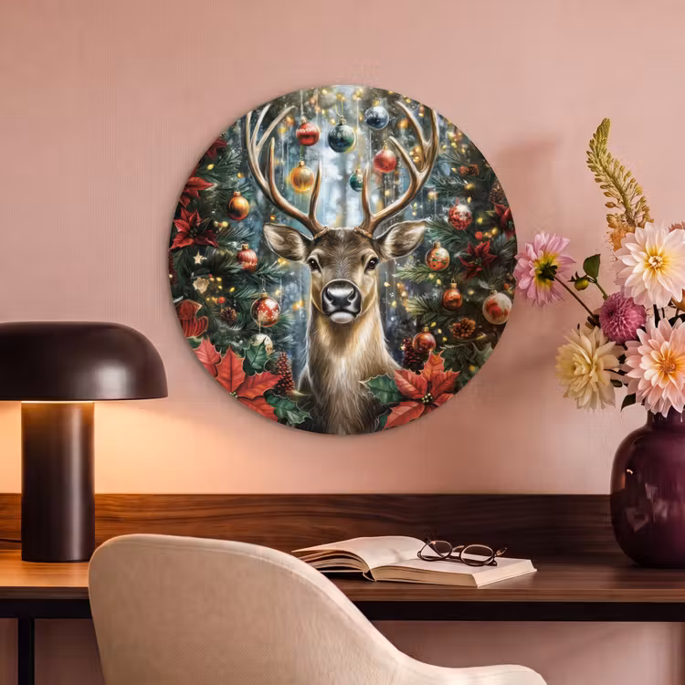 Akoestisch schilderij rond - Kerstfeest - Dennenbos - Rood — 2