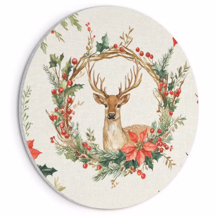 Akoestisch schilderij rond - Kerstkrans - Hert - Hulst - Rood — 1