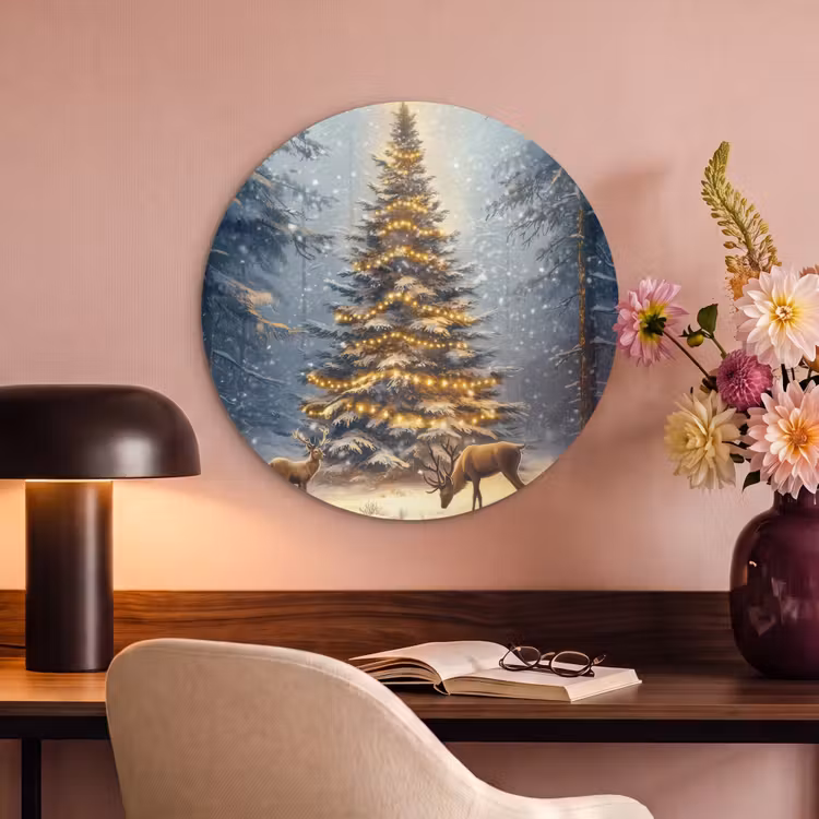Akoestisch schilderij rond - Kerstlicht - Woud - Hert - Donker — 2