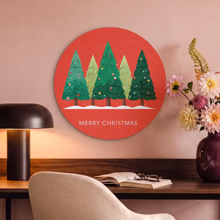 Akoestisch schilderij rond - Minimalistisch - Kerstbomen - Rood - Sneeuw — 2