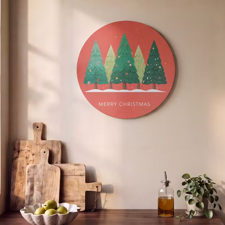 Akoestisch schilderij rond - Minimalistisch - Kerstbomen - Rood - Sneeuw — 4