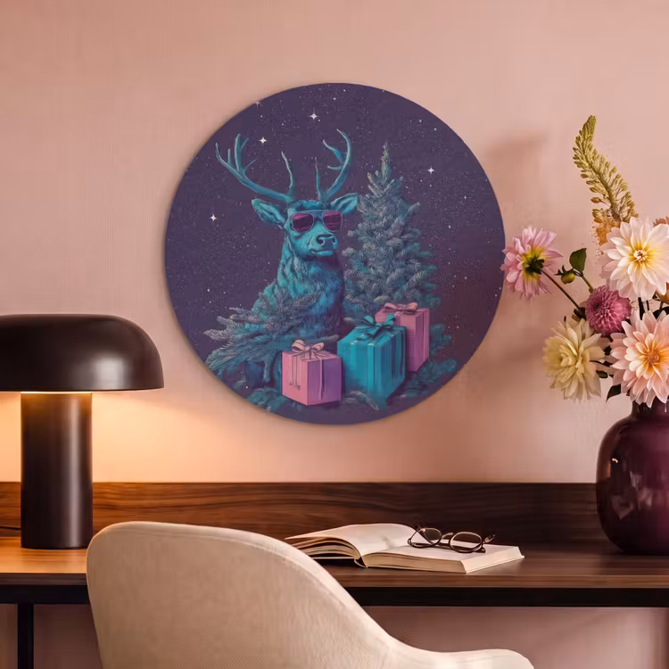 Akoestisch schilderij rond - Rendier - Zonnebril - Neon - Kerstboom — 2