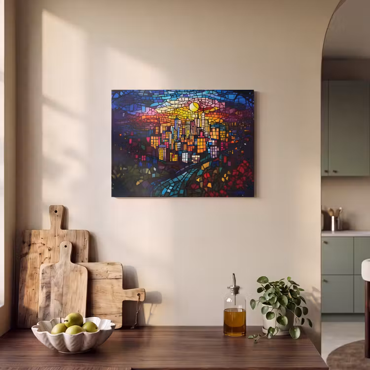 Akoestisch schilderij - Stad - Maan - Mozaïek - Kleurrijk — 3