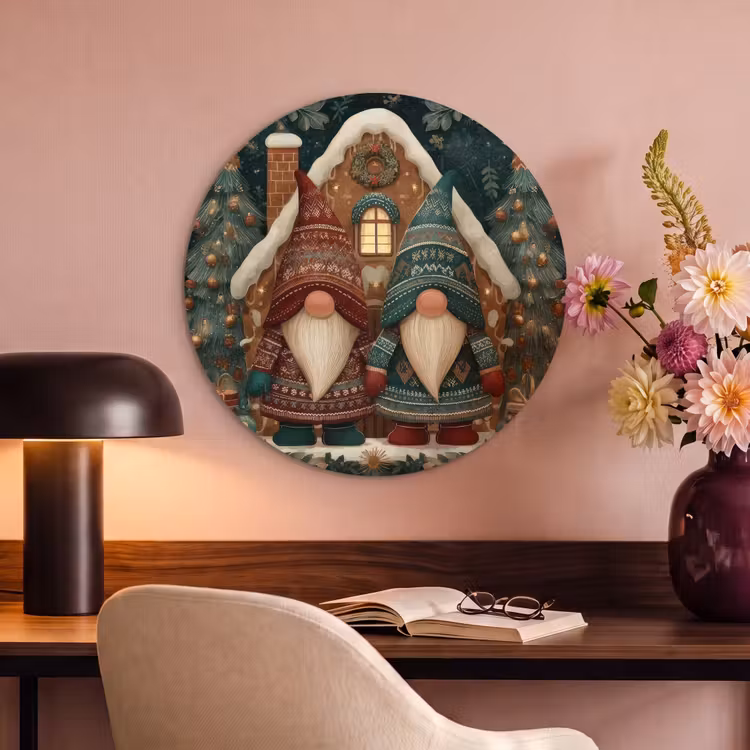 Akoestisch schilderij rond - Kerst - Gnomen - Peperkoekhuisje - Rood - Groen — 2