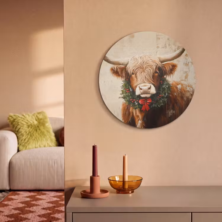 Akoestisch schilderij rond - Kerst - Schotse Hooglander - Bruin - Krans — 3