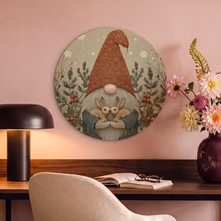 Akoestisch schilderij rond - Kerstgnome - Konijntjes - Kleurrijk — 2