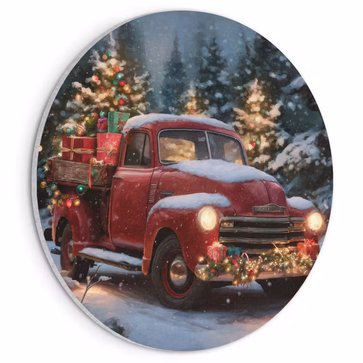 Akoestisch schilderij rond - Kersttruck - Sneeuwbos - Rood — 1