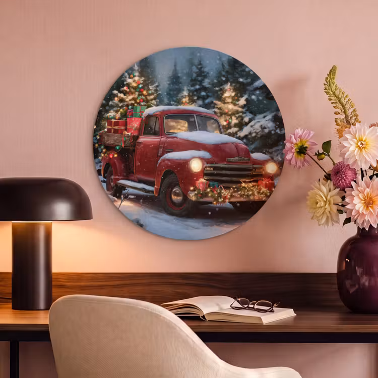 Akoestisch schilderij rond - Kersttruck - Sneeuwbos - Rood — 2