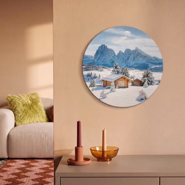 Akoestisch schilderij rond - Winter - Huisje - Bergen - Uitzicht - Sneeuw — 3