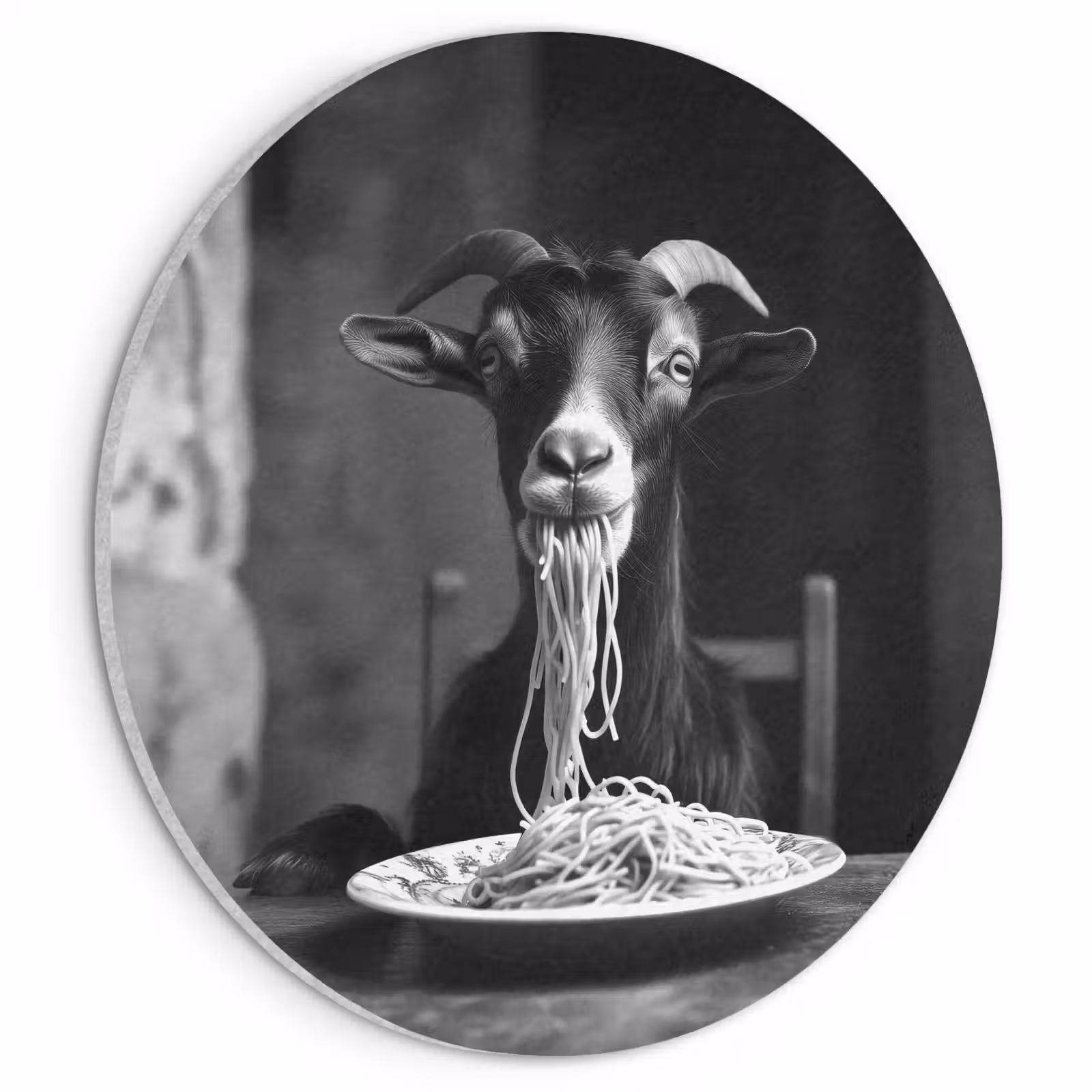 Akoestisch schilderij rond - Geit - Bord - Spaghetti - Zwart Wit — 1
