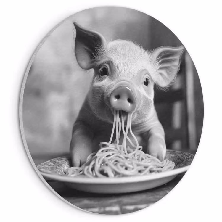 Akoestisch schilderij rond - Varken - Schattig - Spaghetti - Zwart wit - Dier — 1