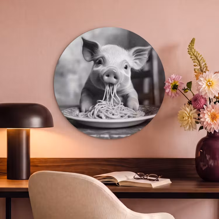 Akoestisch schilderij rond - Varken - Schattig - Spaghetti - Zwart wit - Dier — 2