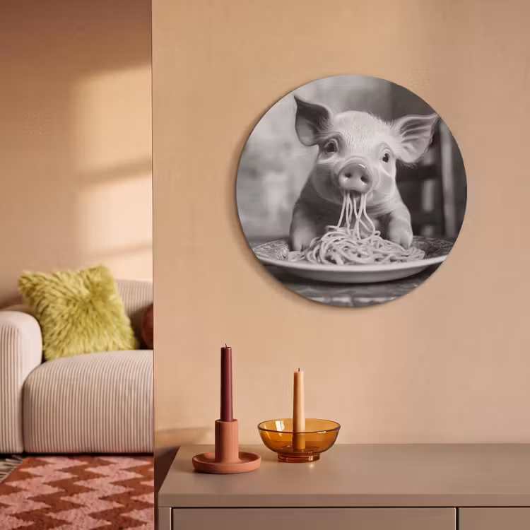 Akoestisch schilderij rond - Varken - Schattig - Spaghetti - Zwart wit - Dier — 3