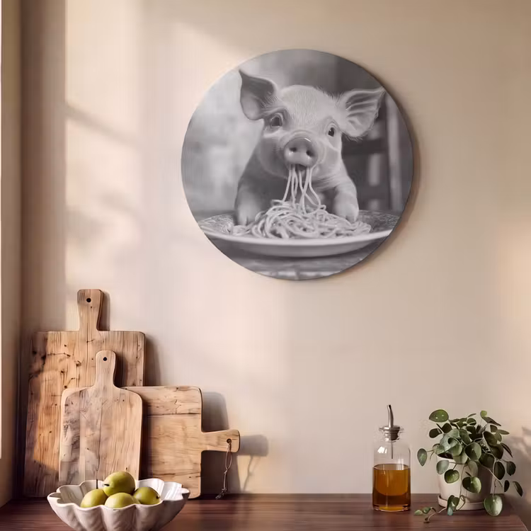 Akoestisch schilderij rond - Varken - Schattig - Spaghetti - Zwart wit - Dier — 4