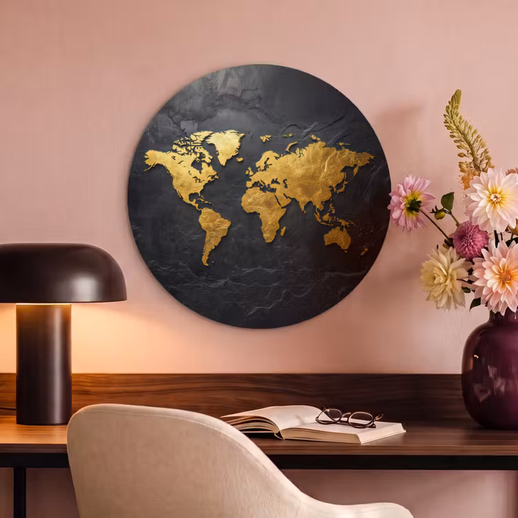 Akoestisch schilderij rond - Wereldkaart - Goud - Steen — 2