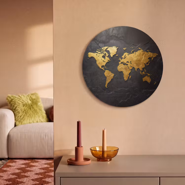 Akoestisch schilderij rond - Wereldkaart - Goud - Steen — 3