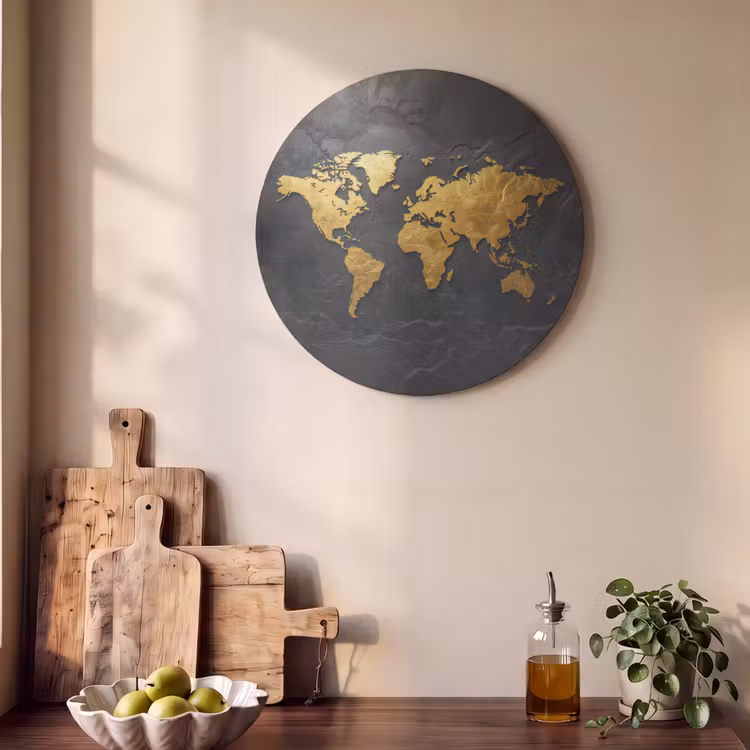 Akoestisch schilderij rond - Wereldkaart - Goud - Steen — 4