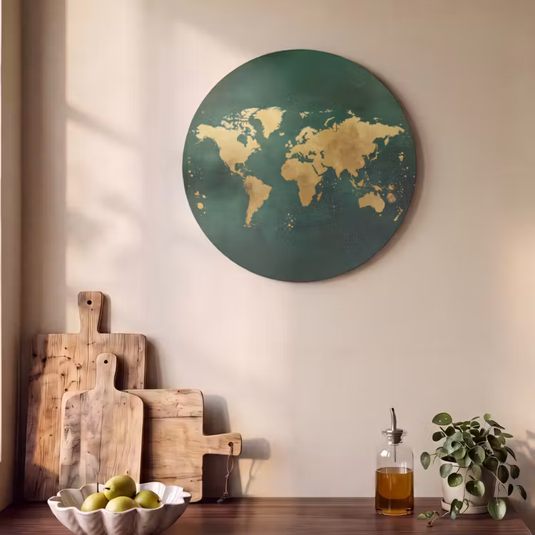 Akoestisch schilderij rond - Wereldkaart - Groen - Goud — 4