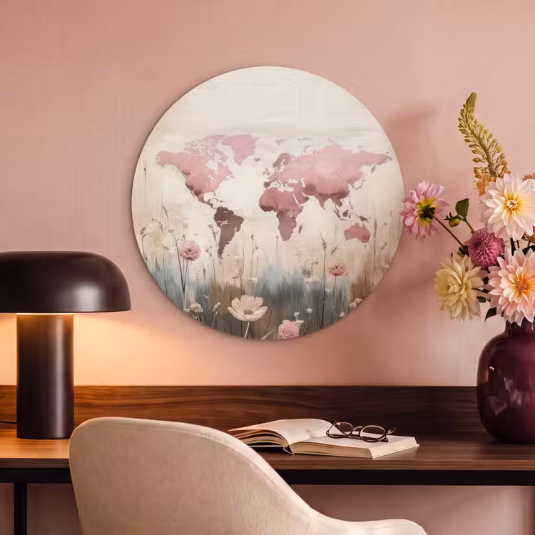 Akoestisch schilderij rond - Wereldkaart - Roze - Bloemen — 2