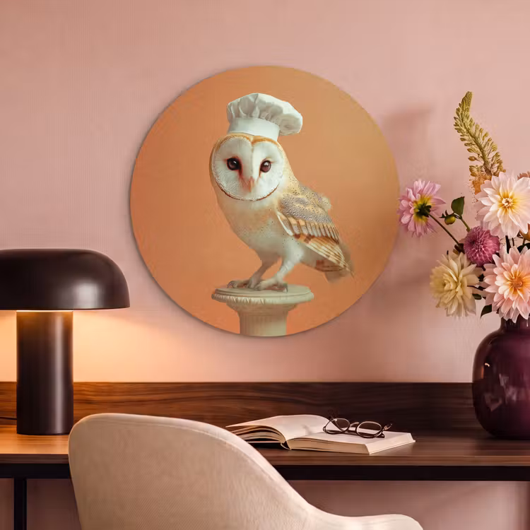 Akoestisch schilderij rond - Kerkuil - Koksmuts - Oranje - Vogel — 2