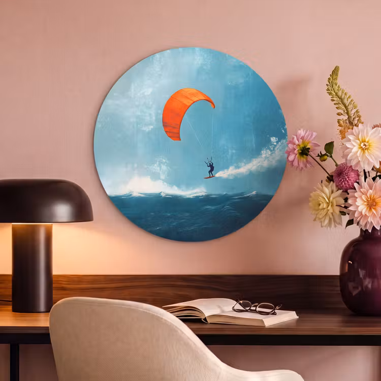 Akoestisch schilderij rond - Kitesurfer - Oranje - Zee - Lucht — 2
