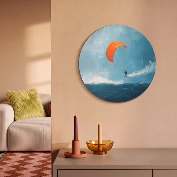 Akoestisch schilderij rond - Kitesurfer - Oranje - Zee - Lucht — 3