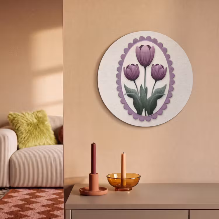 Akoestisch schilderij rond - Tulpen - Paars - Lijst - Bladeren — 3