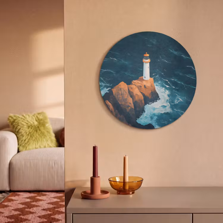 Akoestisch schilderij rond - Vuurtoren - Rots - Zee - Golven — 3